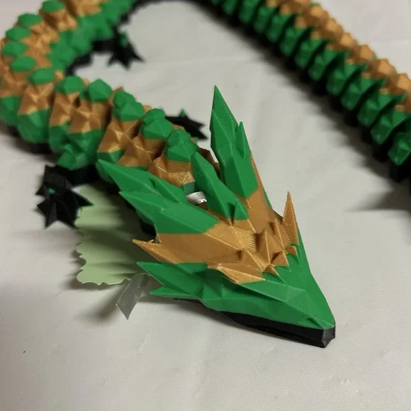 3D Printed Full Articulated Dragon Green Gold Fidget Toys Home Office Decor 24 " - Picture 3 of 6
